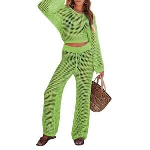 PINK QUEEN Swimsuit COVERUP Two Piece-Crop Top V-neck,long Bottom Light Green-S